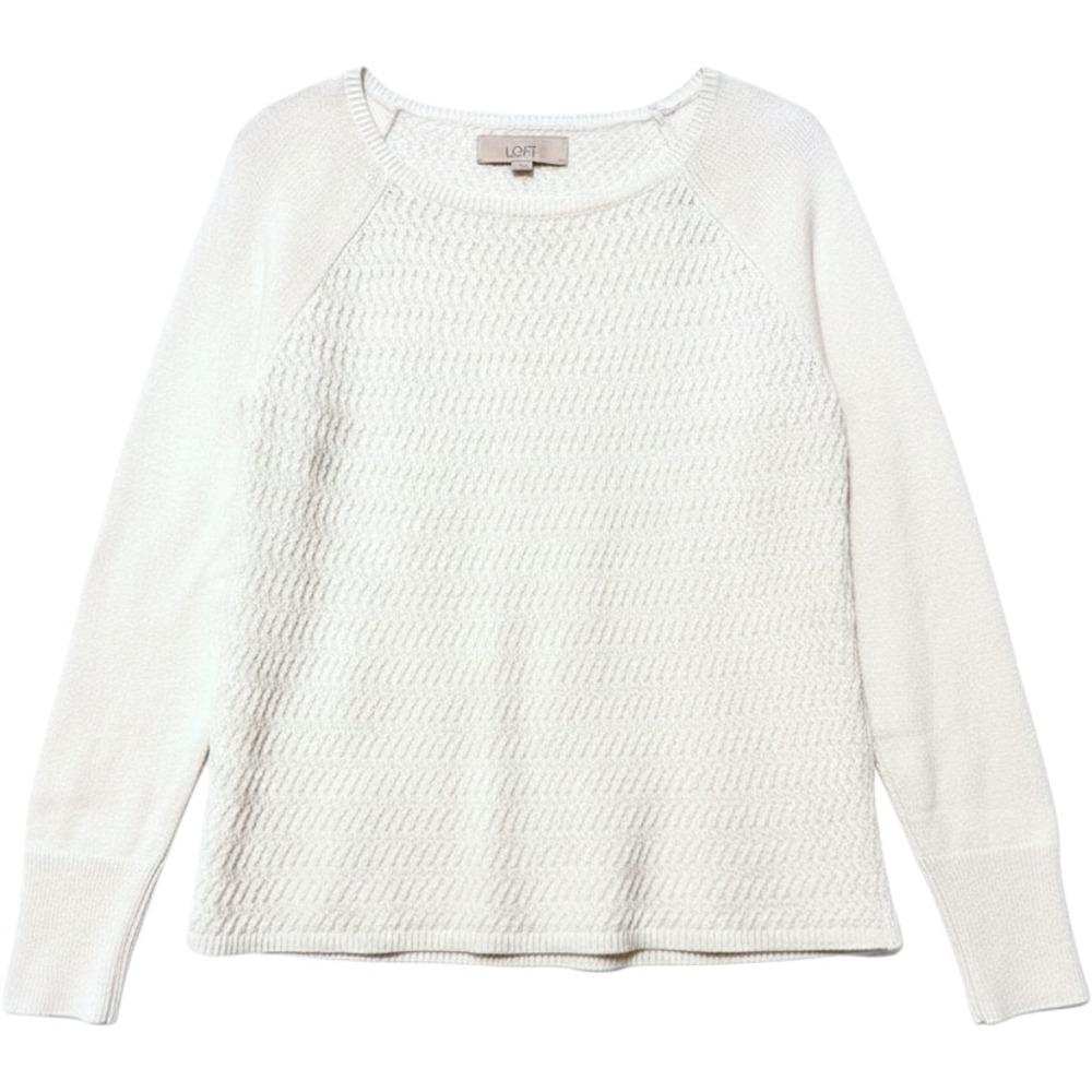 LOFT Sweater Cream Textured Knit Raglan Long Sleeve Pullover Womens Small